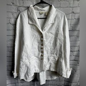 J Jill White Linen Coastal Button Up Long Sleeve Tunic Blouse Hi-Low Sz XL